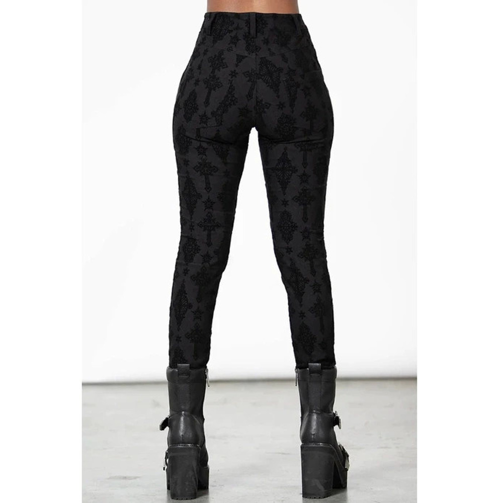 NWT Killstar Nora Flocked Trousers Velvet Baroque Cross XL Gothic Grunge Skinny - Picture 8 of 13
